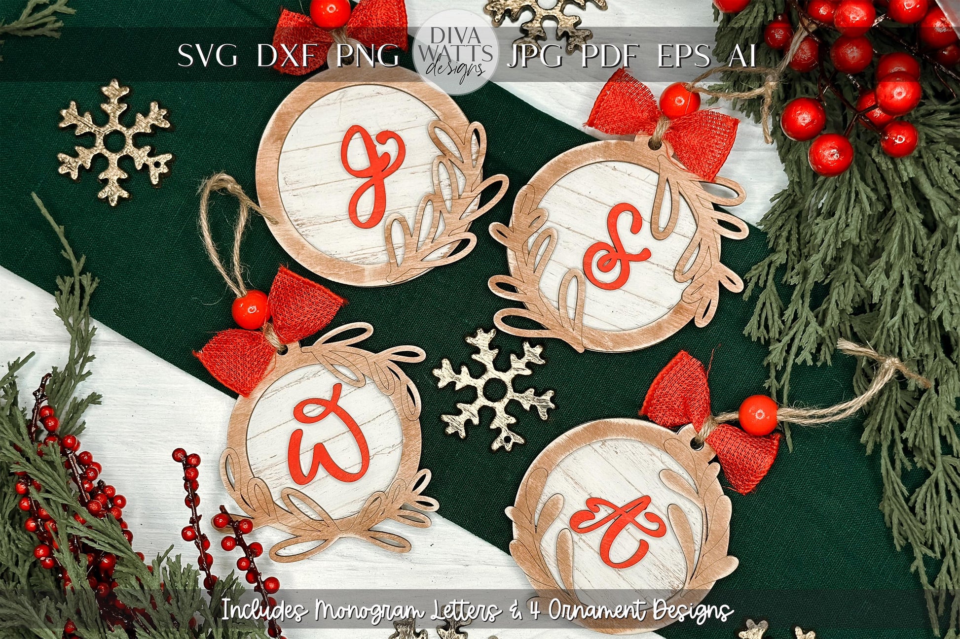 Monogram Christmas Ornament Laser Cut File | 4 Ornament Designs | DIY Holiday Laser SVG | Hand Lettered Monogram | Shiplap Ornament SVG
