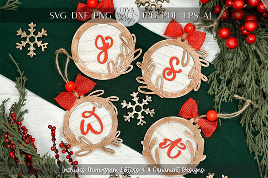 Monogram Christmas Ornament Laser Cut File | 4 Ornament Designs | DIY Holiday Laser SVG | Hand Lettered Monogram | Shiplap Ornament SVG