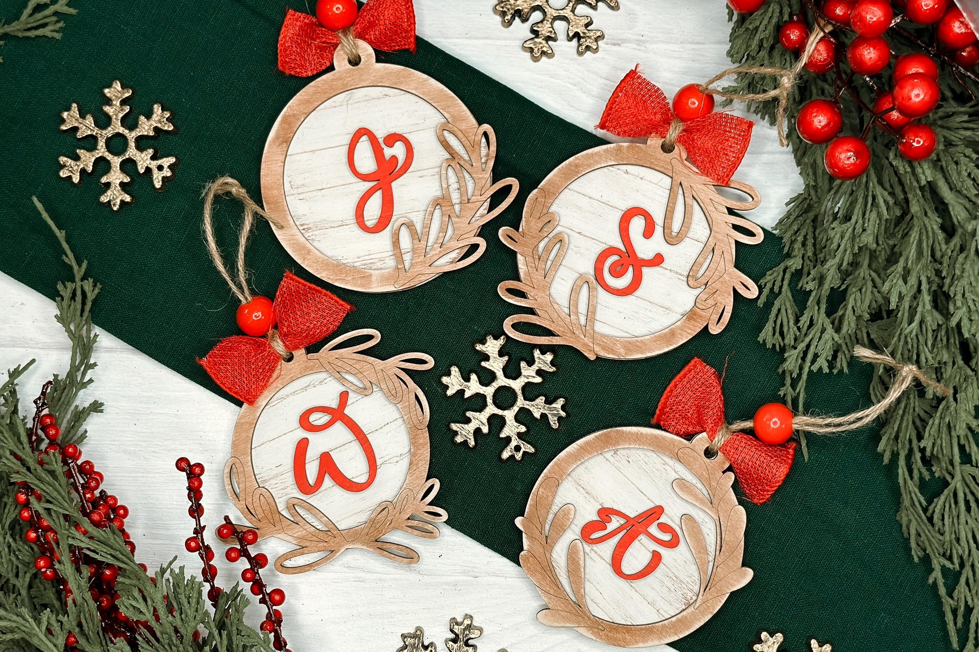 Monogram Christmas Ornament Laser Cut File | 4 Ornament Designs | DIY Holiday Laser SVG | Hand Lettered Monogram | Shiplap Ornament SVG