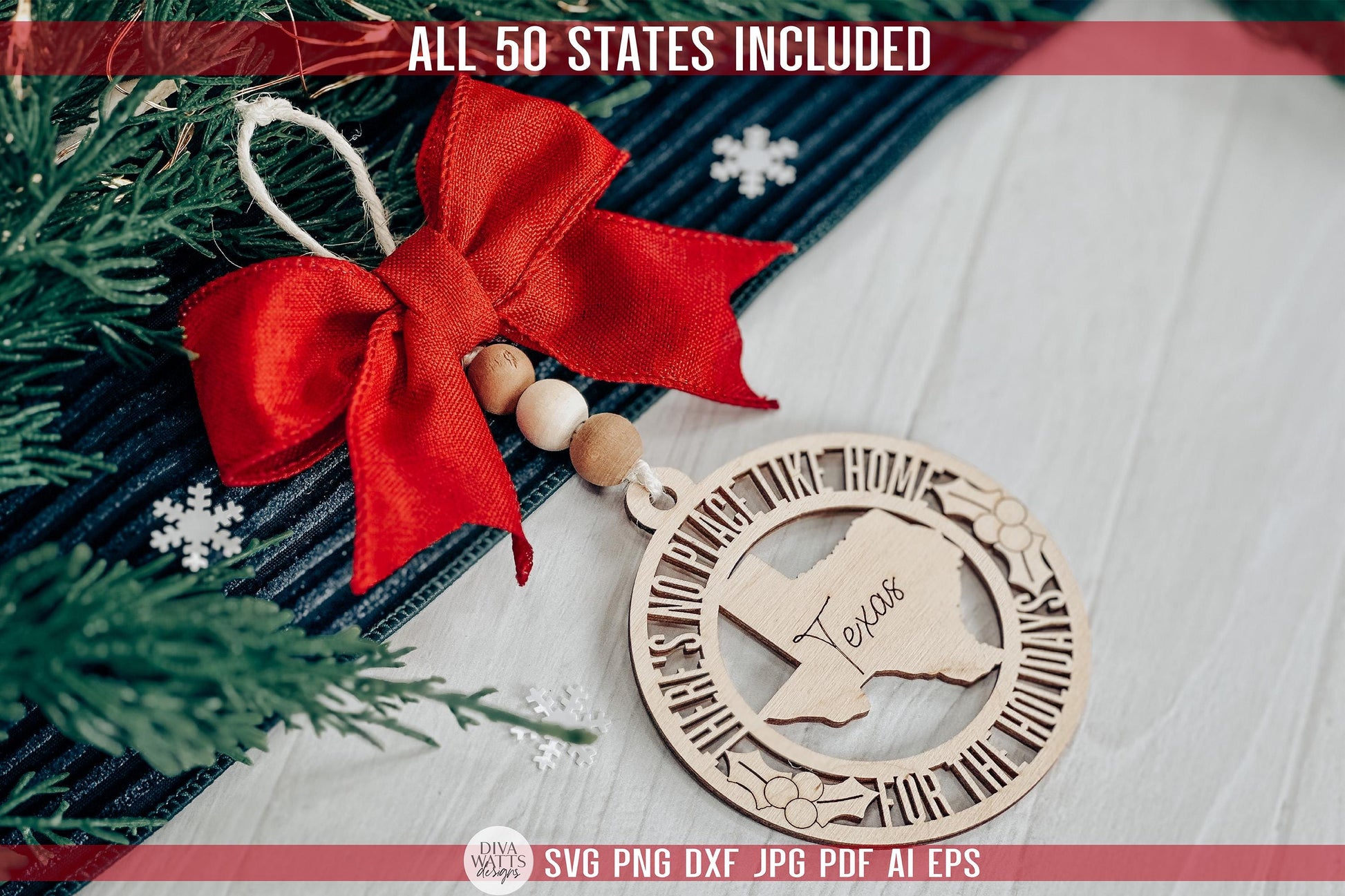 All 50 States Christmas Ornament SVG Laser Cut File | There's No Place Like Home | State Shape Ornament | Laser Ready Holiday Decor SVG
