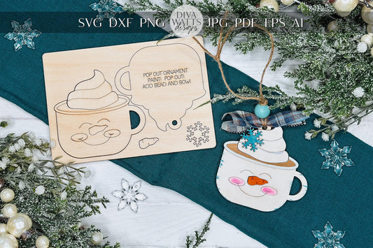 Snowman Cocoa Mug Ornament SVG | Pop-Out Laser Template | DIY Christmas Keepsake | DIY Laser File | Ornament Bar Laser File