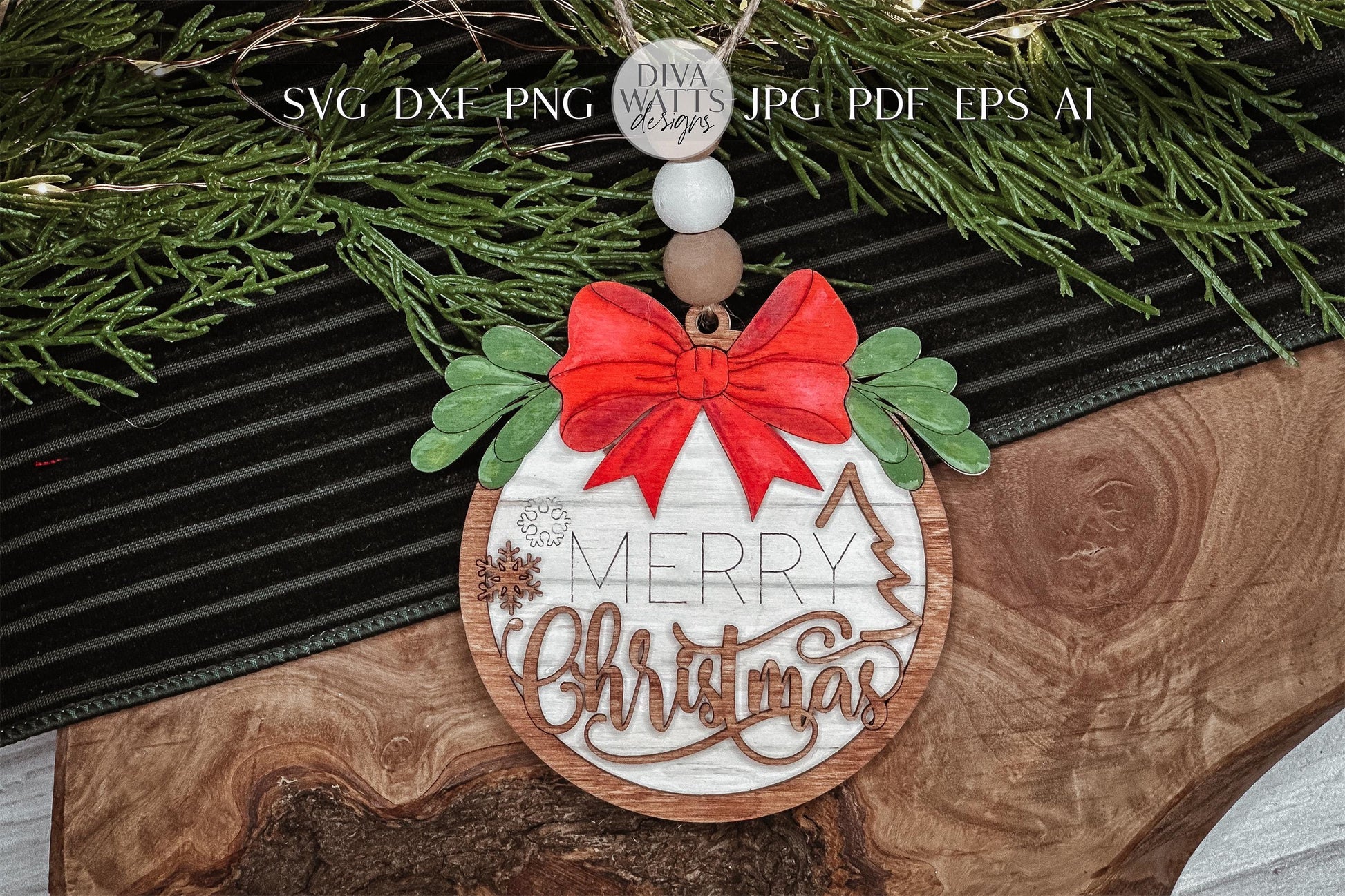 Merry Christmas Ornament SVG - Rustic Holiday Laser Cut File with Bow & Greenery - Christmas Decoration