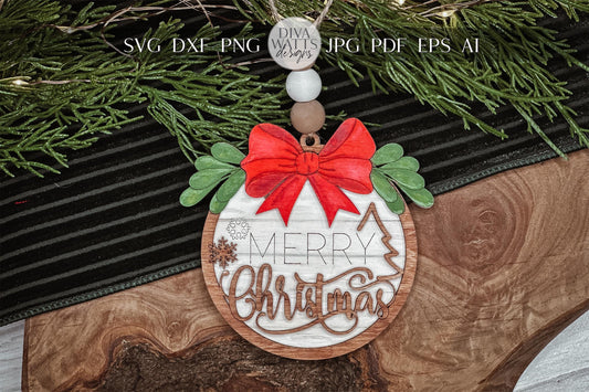 Merry Christmas Ornament SVG - Rustic Holiday Laser Cut File with Bow & Greenery - Christmas Decoration