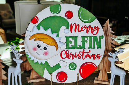 Merry Elfin Christmas SVG - Elf Door Hanger Laser Cut File - Holiday Decor SVG for Christmas