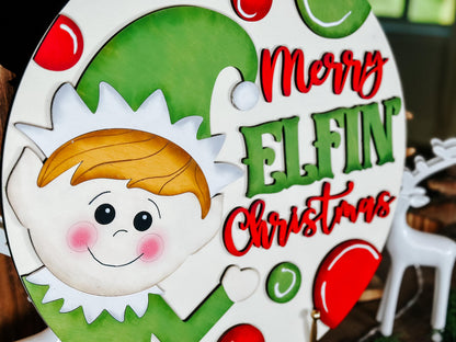Merry Elfin Christmas SVG - Elf Door Hanger Laser Cut File - Holiday Decor SVG for Christmas