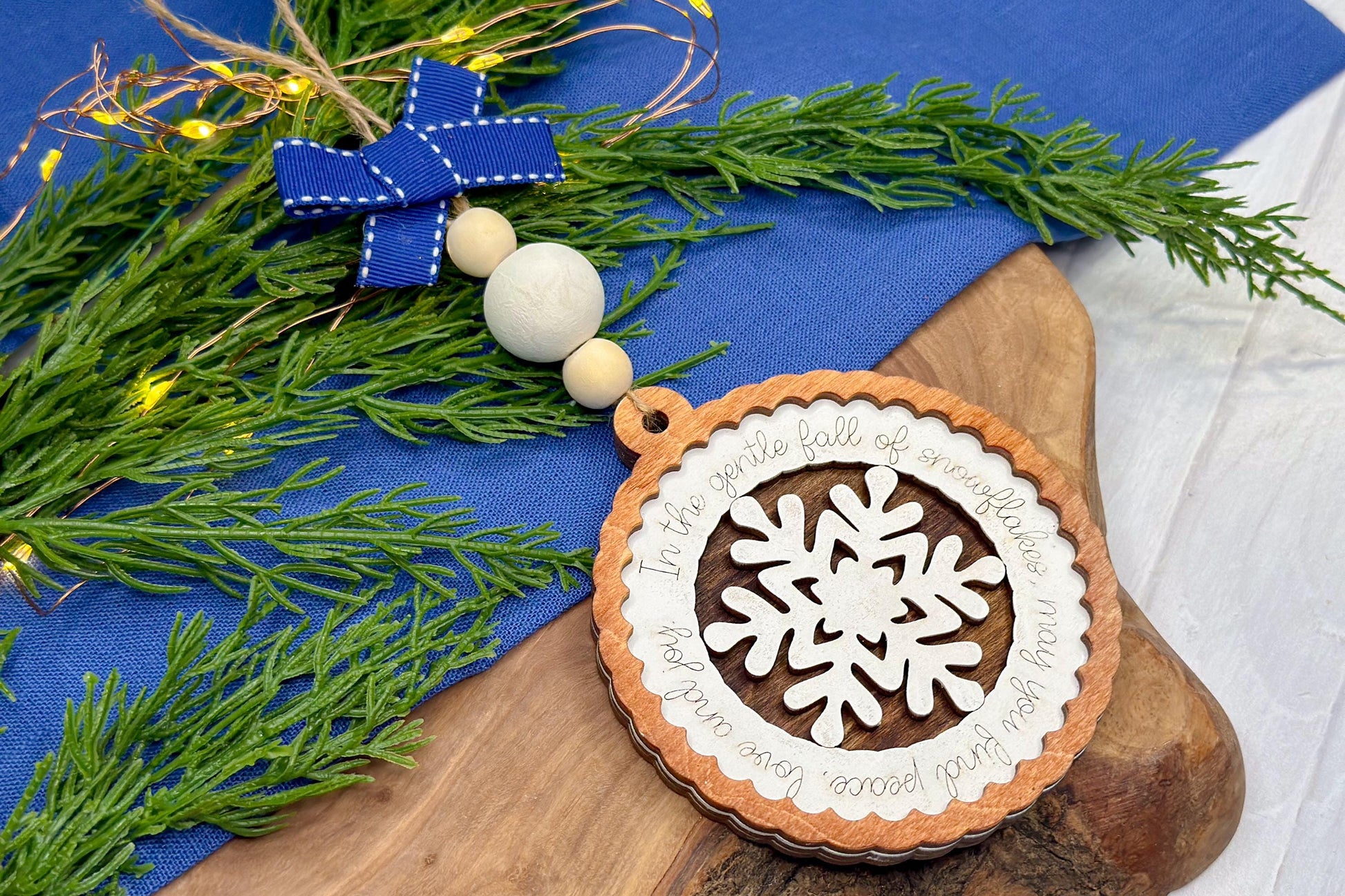 Layered Peace and Joy Snowflake Ornament SVG, Christmas Laser Cut File, Holiday Decoration with Sentimental Script