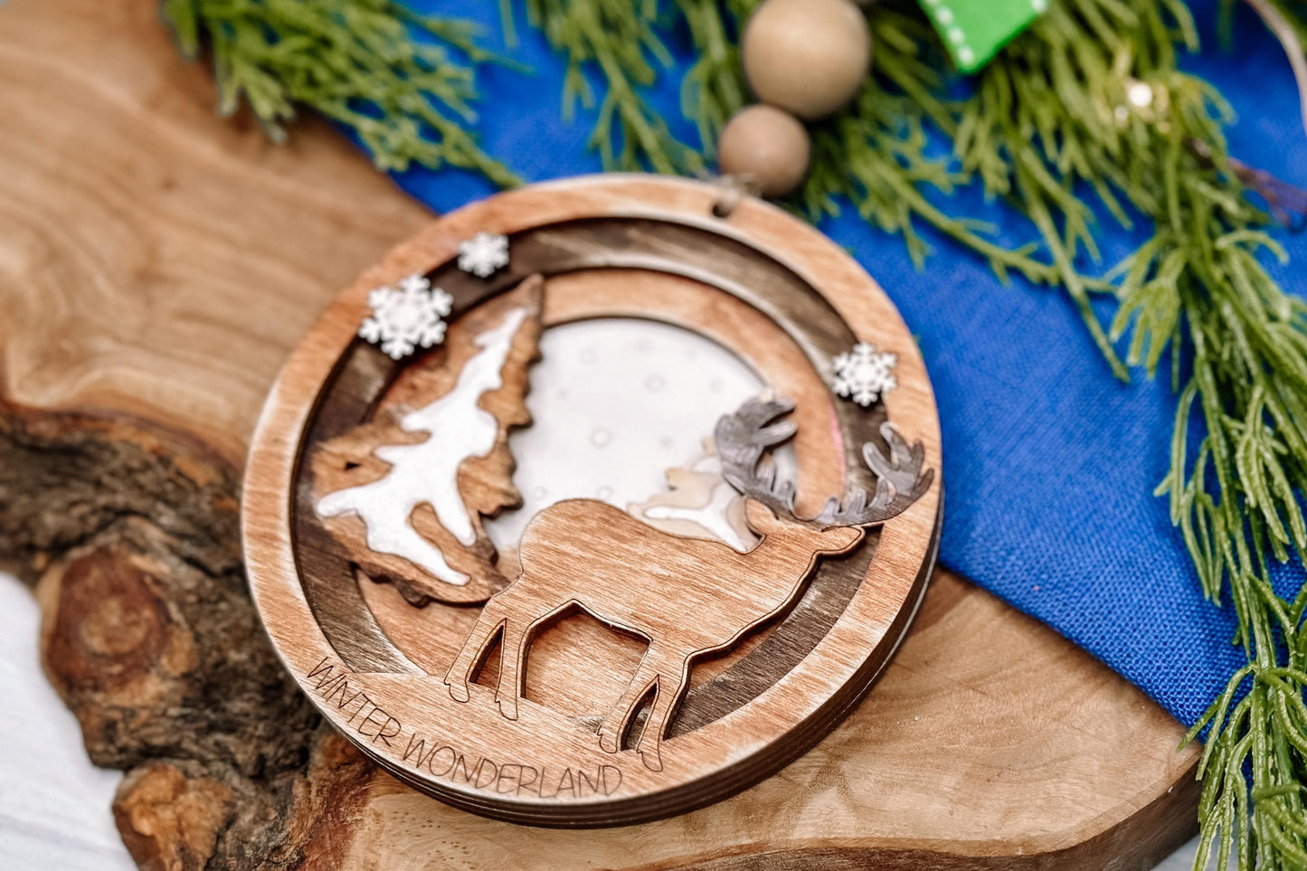 Winter Wonderland Deer Ornament SVG, Layered Christmas Laser Cut File, Woodland Scene Holiday Decoration, Glowforge Ready