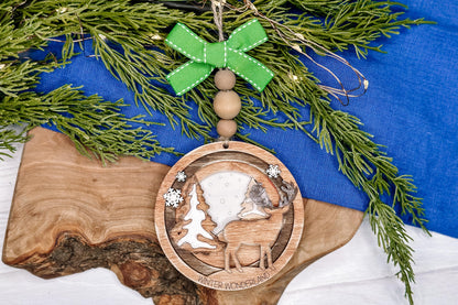 Winter Wonderland Deer Ornament SVG, Layered Christmas Laser Cut File, Woodland Scene Holiday Decoration, Glowforge Ready