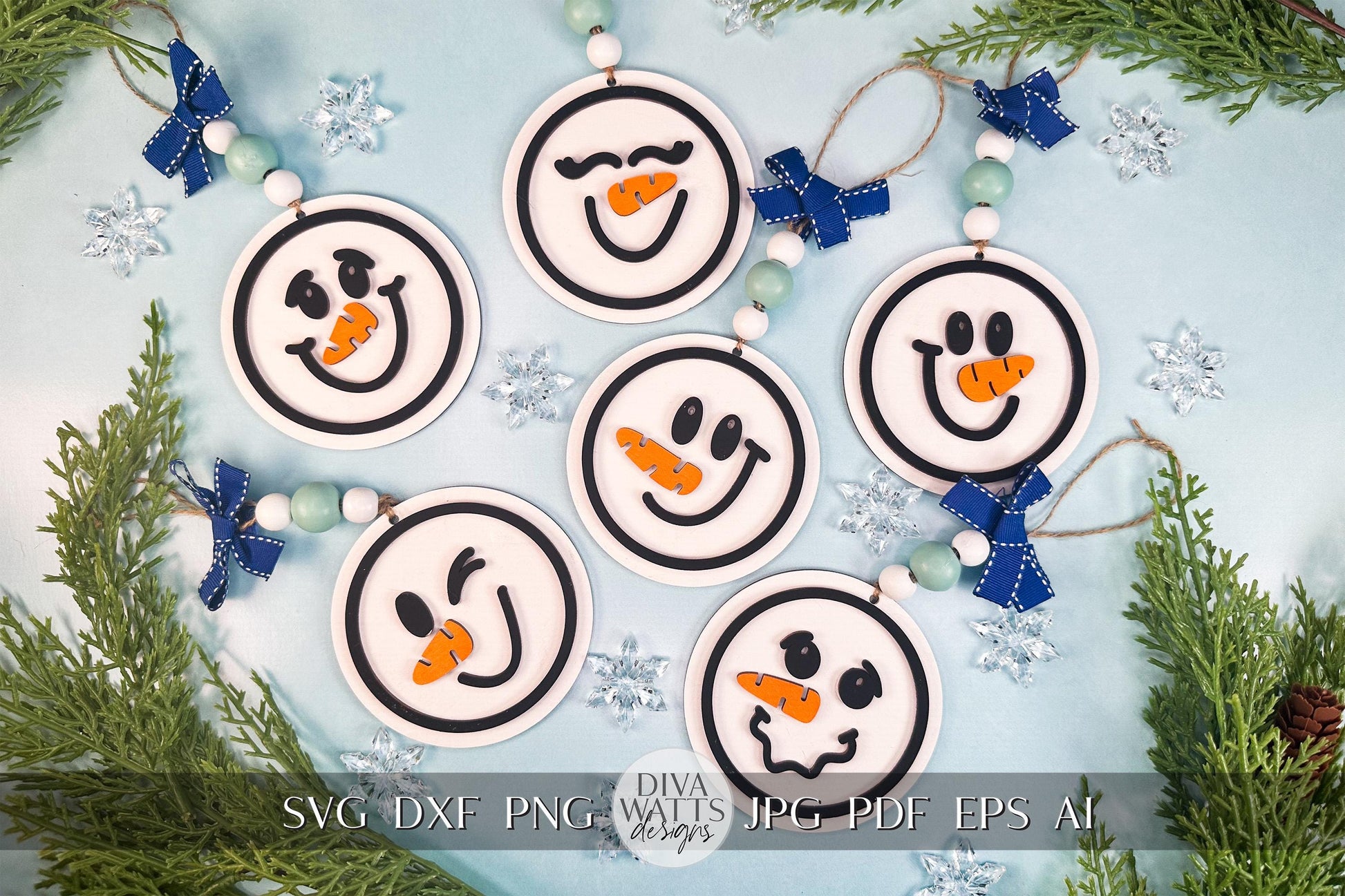 Snowman Face Ornament Laser Cut Files SVG | Christmas Snowman Ornament SVG Bundle | DIY Laser Snowman Ornaments for Glowforge & Xtool