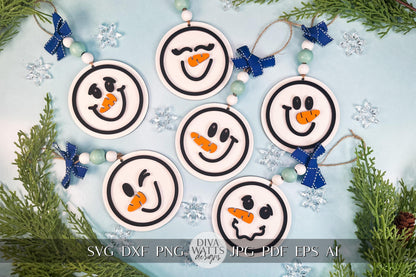 Snowman Face Ornament Laser Cut Files SVG | Christmas Snowman Ornament SVG Bundle | DIY Laser Snowman Ornaments for Glowforge & Xtool