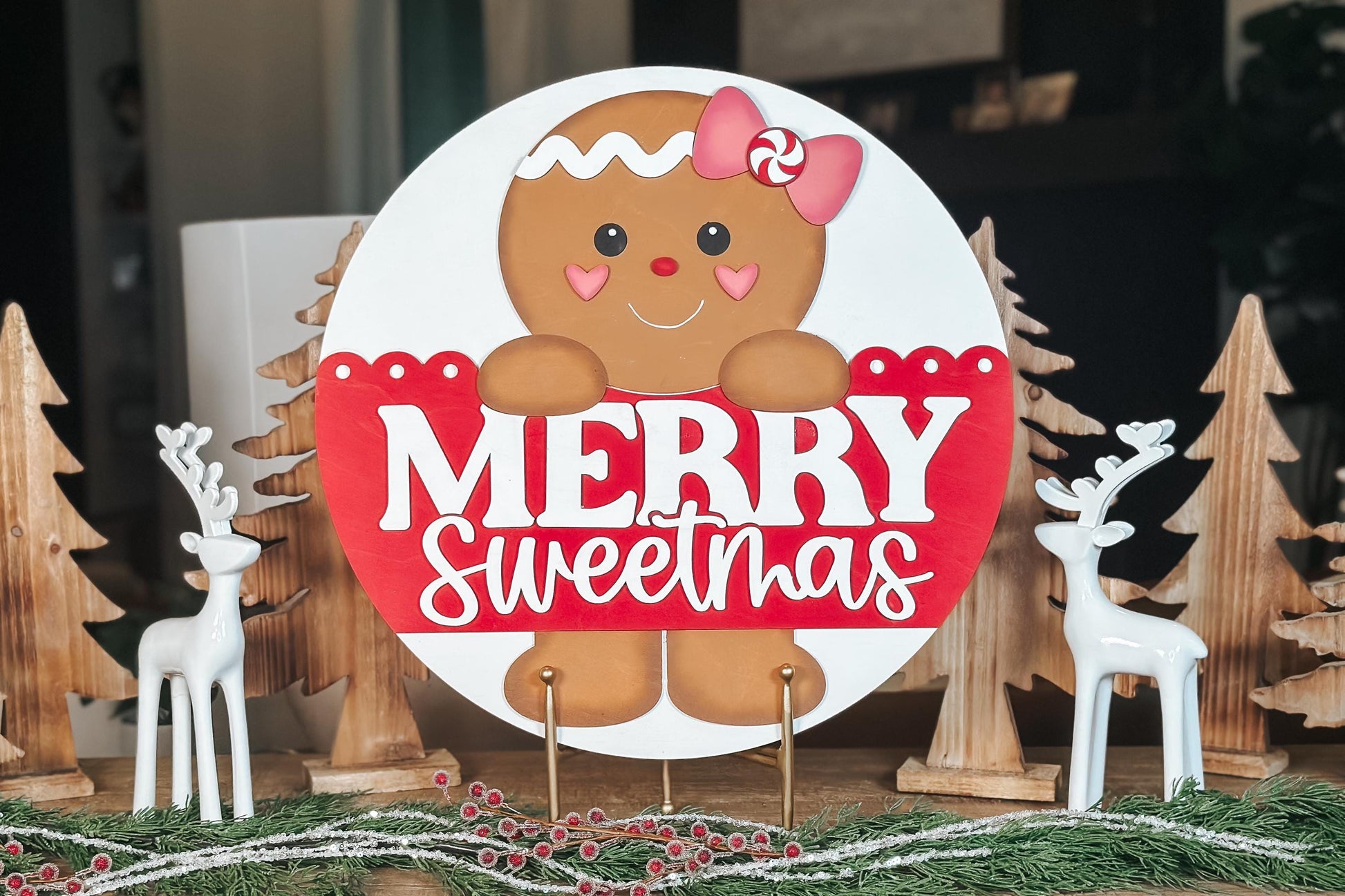 Merry Sweetmas Gingerbread SVG Laser Cut File - Christmas Door Hanger SVG, Holiday Decor SVG, Gingerbread Man Cut File