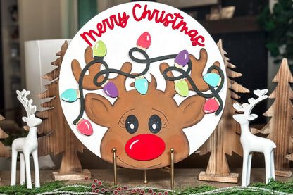 Merry Christmas Reindeer SVG Laser Cut File, Christmas Round Door Hanger, Festive Reindeer Lights Cut File for Laser Machines
