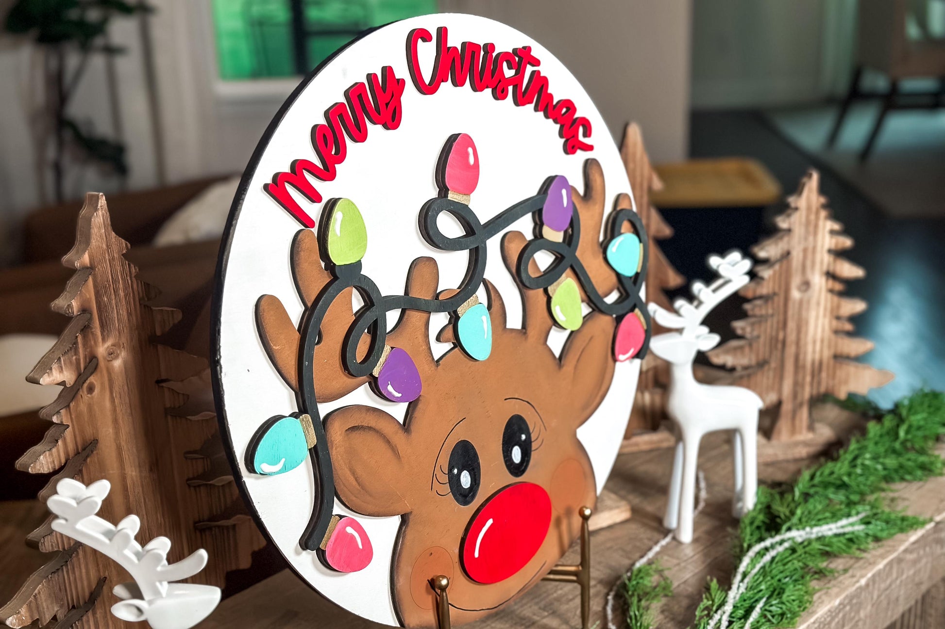 Merry Christmas Reindeer SVG Laser Cut File, Christmas Round Door Hanger, Festive Reindeer Lights Cut File for Laser Machines