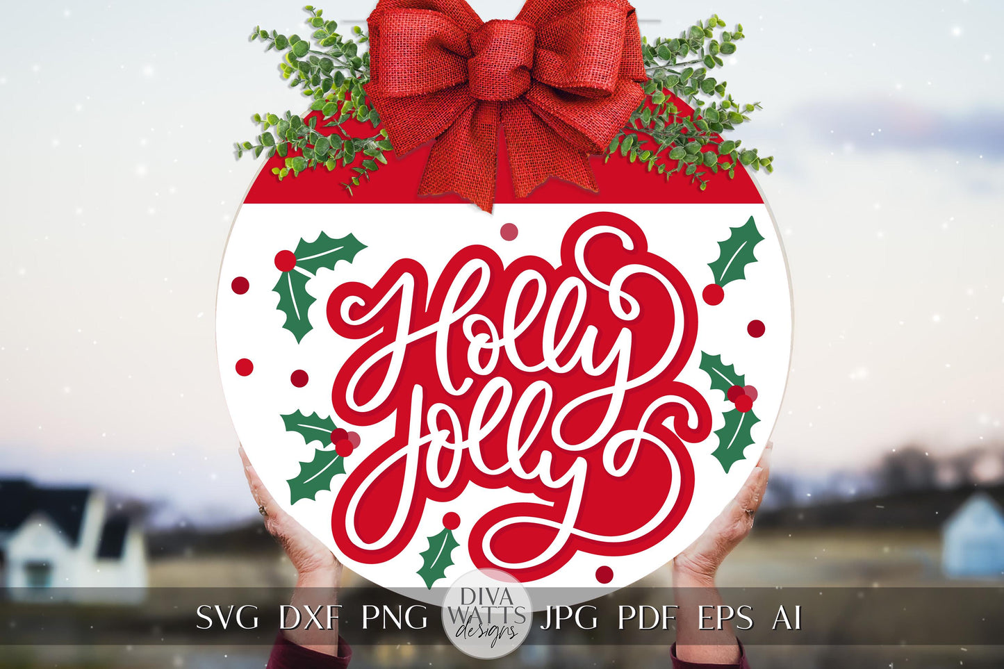 Holly Jolly SVG | Christmas Door Hanger Design | Cricut & Silhouette Cut File | Christmas Door Hanger svg | Winter Round Sign SVG