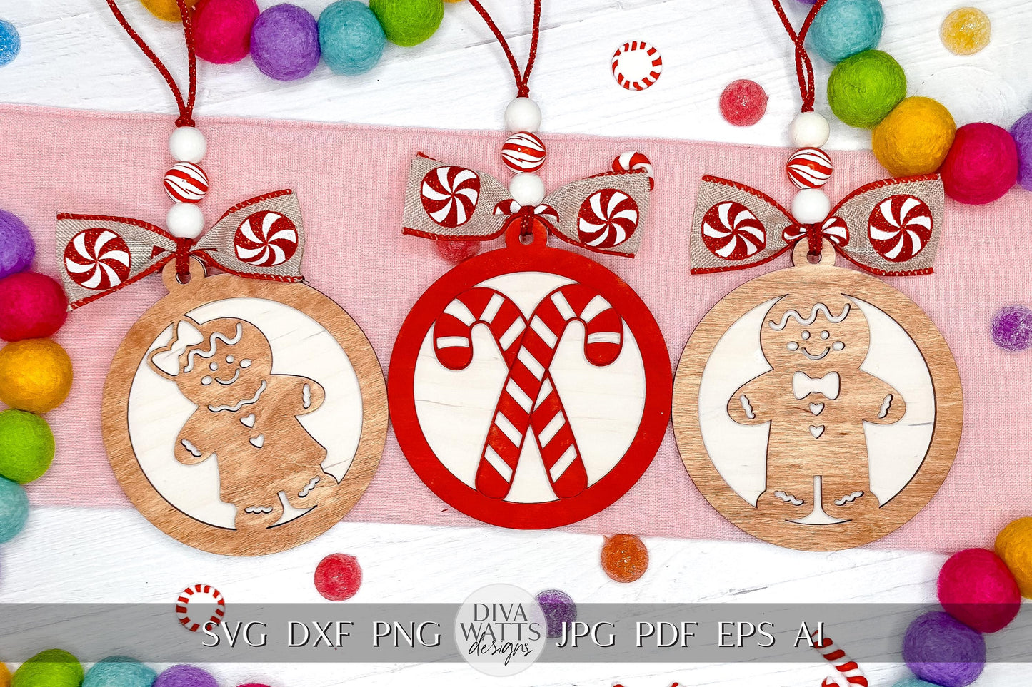 Gingerbread Ornament SVG Laser File Set, Christmas Ornament SVG, Custom Name Tag, Holiday Laser Cut File | Gingerbread Ornament Set