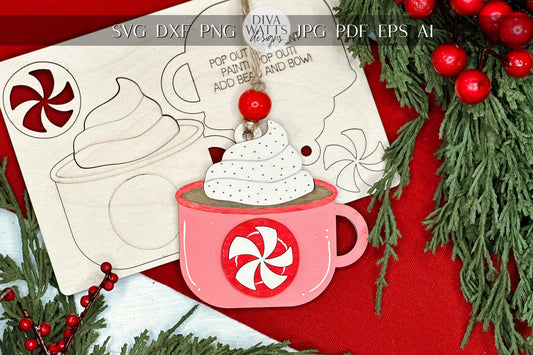 Peppermint Mug Ornament SVG | Pop-Out Laser Ornament File | DIY Christmas Craft | DIY Laser File | Ornament Bar Laser File
