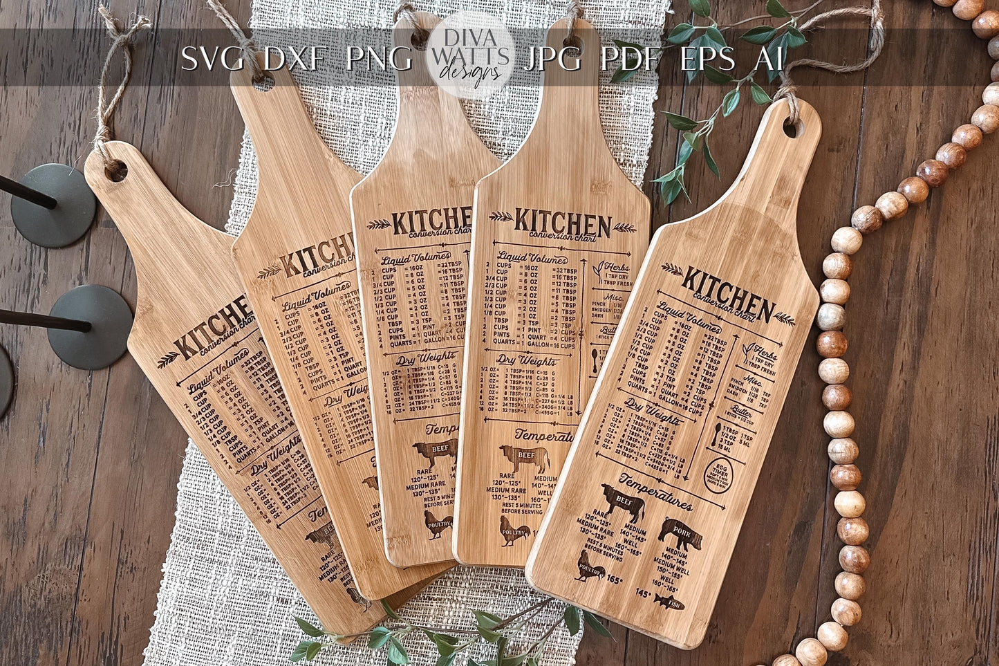 Kitchen Conversion Chart SVG Laser File - Rustic Engraved Cutting Board Design, Kitchen Measurement Chart for Laser Cut, DIY Kitchen Decor