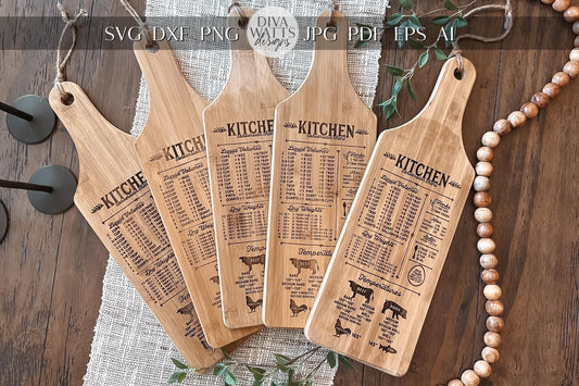 Kitchen Conversion Chart SVG Laser File - Rustic Engraved Cutting Board Design, Kitchen Measurement Chart for Laser Cut, DIY Kitchen Decor