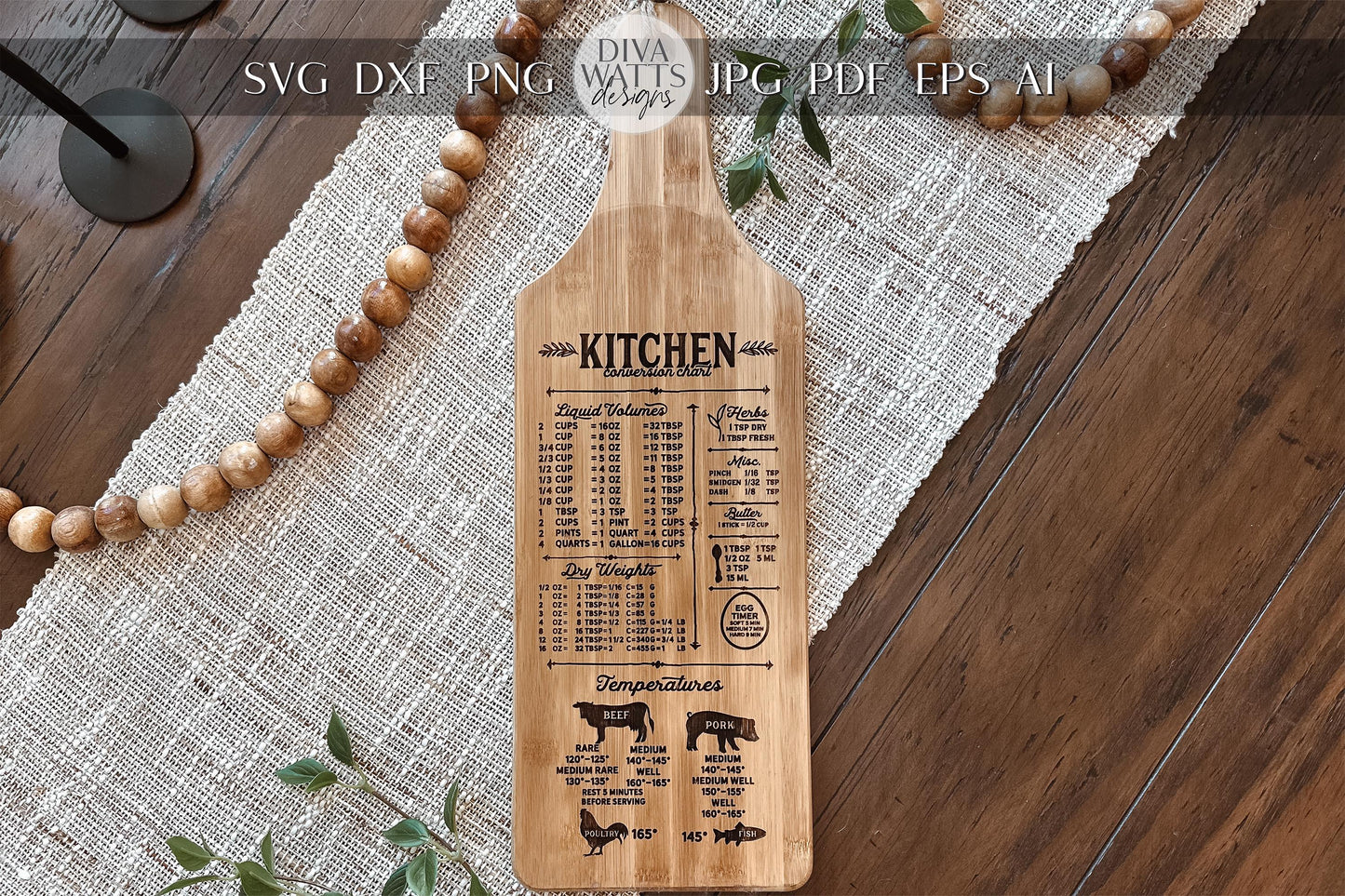 Kitchen Conversion Chart SVG Laser File - Rustic Engraved Cutting Board Design, Kitchen Measurement Chart for Laser Cut, DIY Kitchen Decor