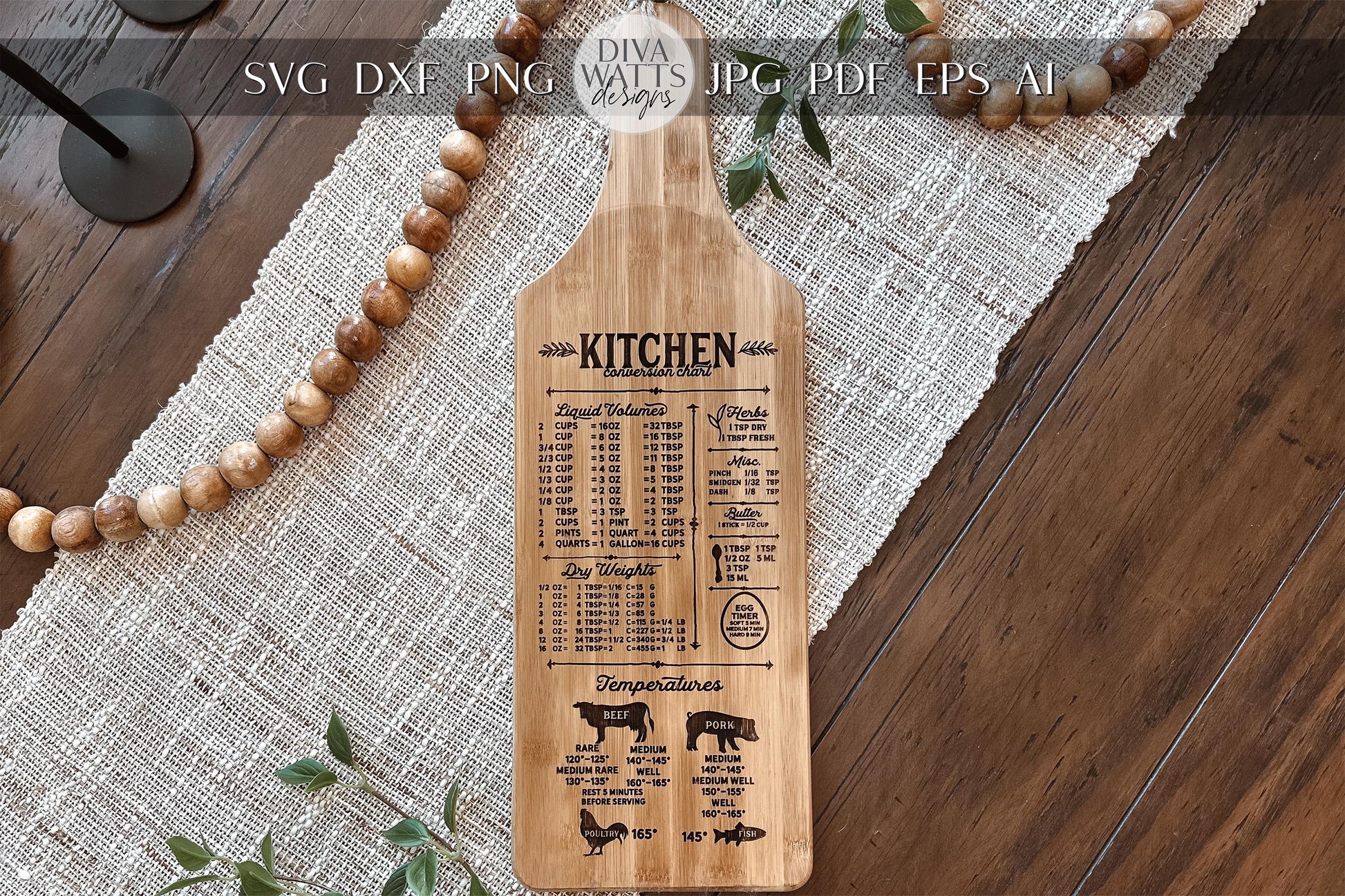 Kitchen Conversion Chart SVG Laser File - Rustic Engraved Cutting Board Design, Kitchen Measurement Chart for Laser Cut, DIY Kitchen Decor