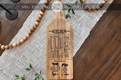 Kitchen Conversion Chart SVG Laser File - Rustic Engraved Cutting Board Design, Kitchen Measurement Chart for Laser Cut, DIY Kitchen Decor