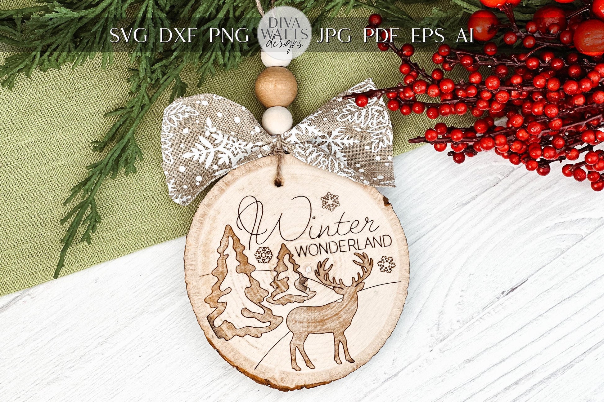 Winter Wonderland Ornament SVG - Deer and Tree Laser Cut Christmas Ornament, Rustic Holiday Decor for Laser Engraving