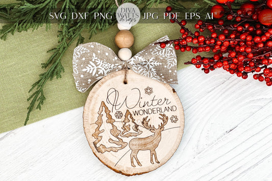 Winter Wonderland Ornament SVG - Deer and Tree Laser Cut Christmas Ornament, Rustic Holiday Decor for Laser Engraving