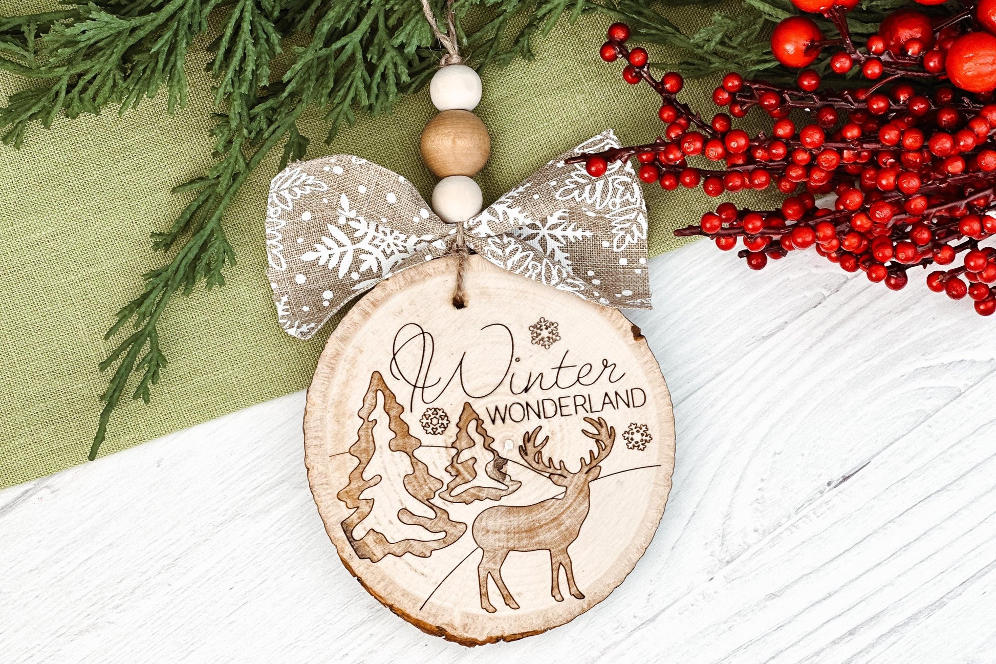 Winter Wonderland Ornament SVG - Deer and Tree Laser Cut Christmas Ornament, Rustic Holiday Decor for Laser Engraving