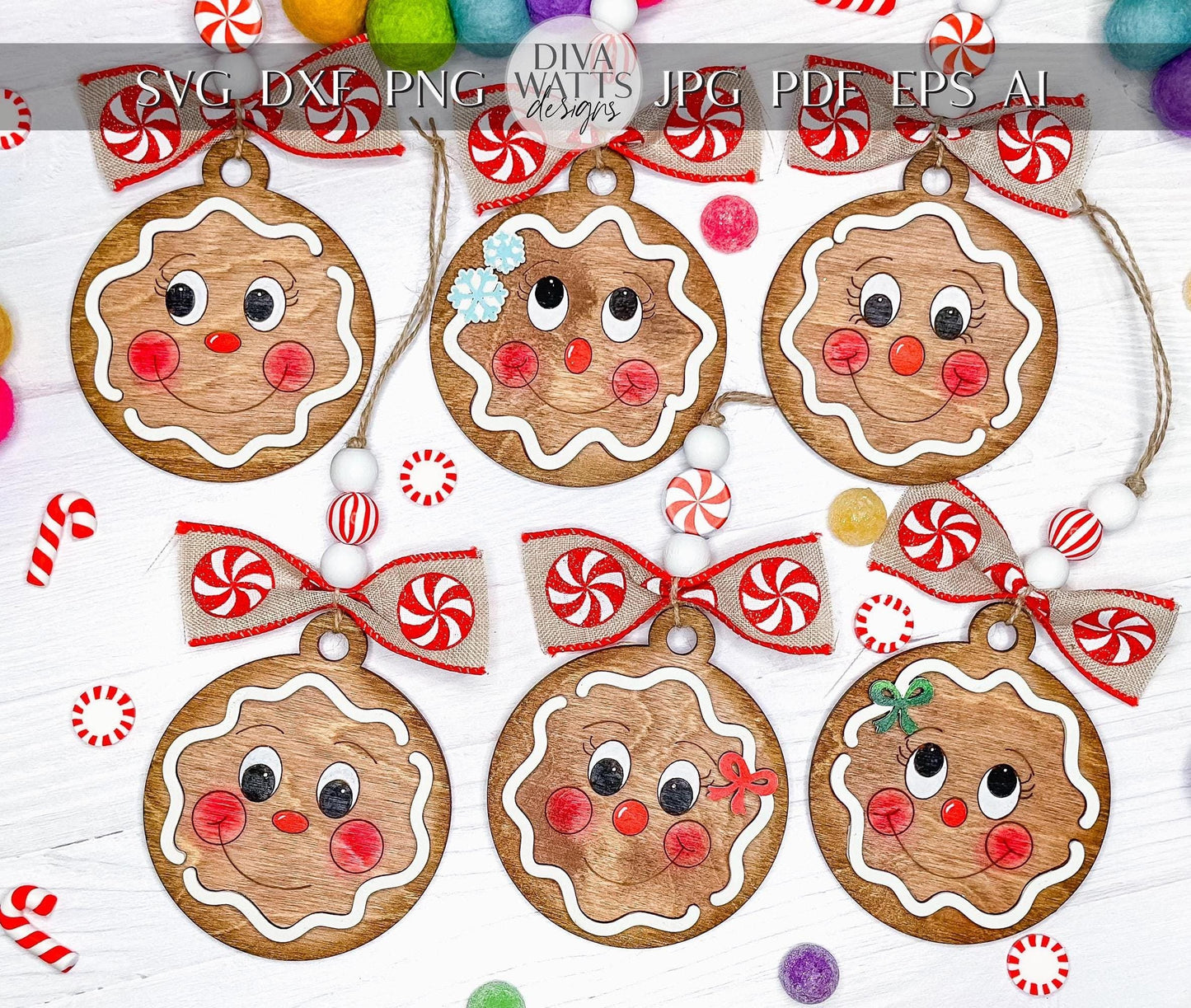 Gingerbread Ornament SVG Bundle - Cute Christmas Gingerbread Face Laser Cut Files, Holiday Decor for Laser Engraving