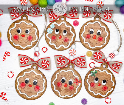 Gingerbread Ornament SVG Bundle - Cute Christmas Gingerbread Face Laser Cut Files, Holiday Decor for Laser Engraving