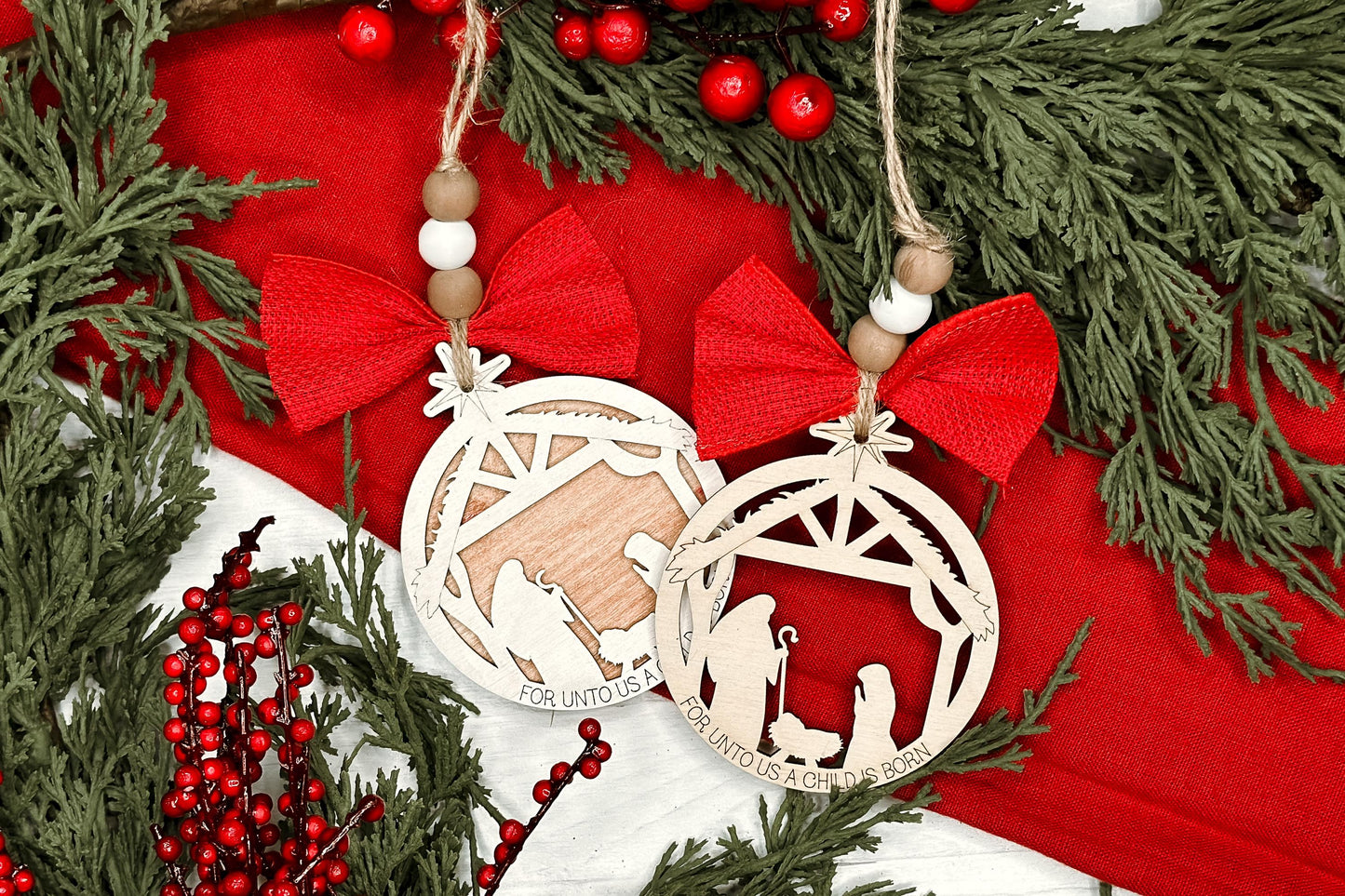 Nativity Scene Ornaments SVG for Laser Cutting - "For Unto Us a Child Is Born" Christmas Design Nativity Wood Ornament Jesus Ornament Manger