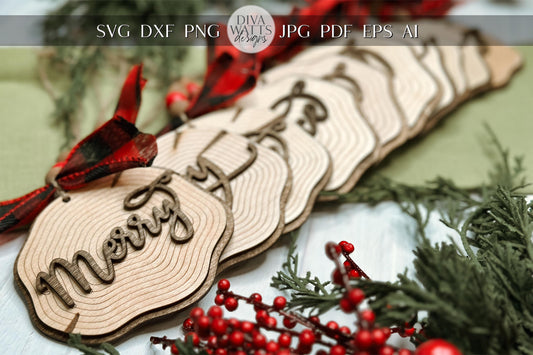 Laser Cut Faux Wood Slice Ornament Set SVG | Rustic Christmas Word Ornaments | DIY Holiday Decor Laser Files | Farmhouse Tree Ornament SVG