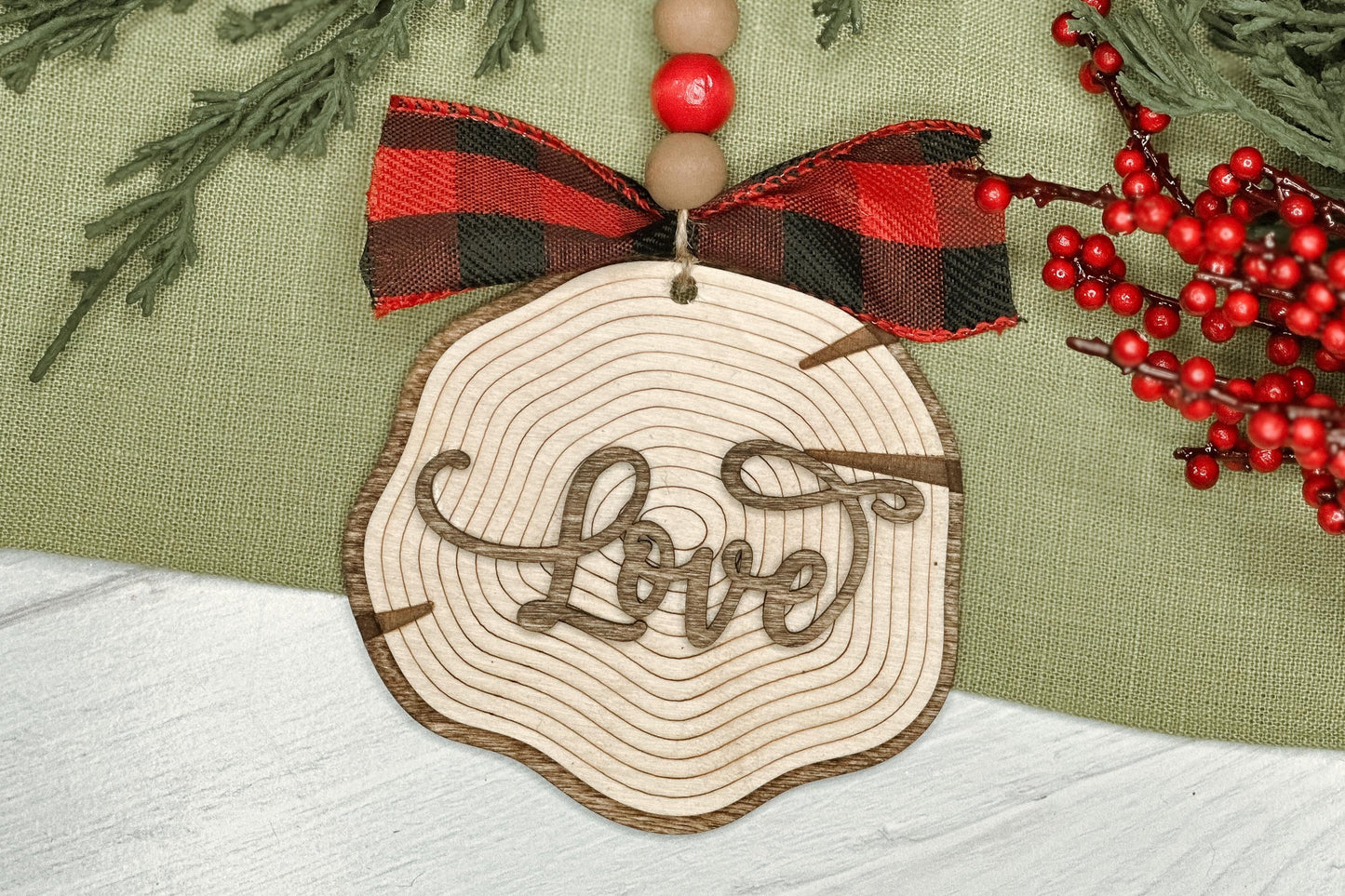 Laser Cut Faux Wood Slice Ornament Set SVG | Rustic Christmas Word Ornaments | DIY Holiday Decor Laser Files | Farmhouse Tree Ornament SVG