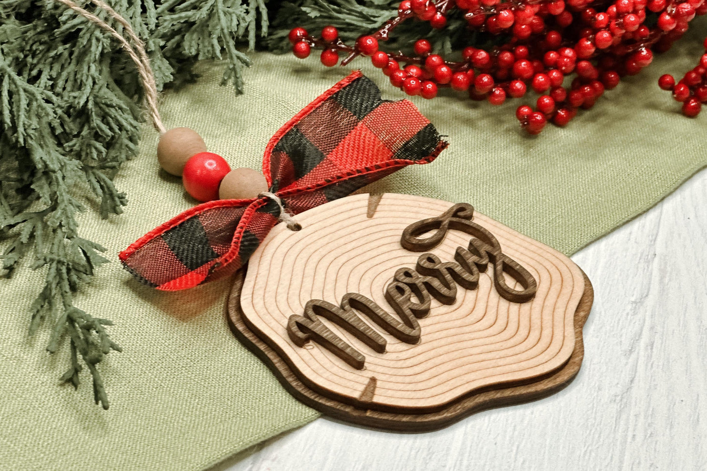 Laser Cut Faux Wood Slice Ornament Set SVG | Rustic Christmas Word Ornaments | DIY Holiday Decor Laser Files | Farmhouse Tree Ornament SVG