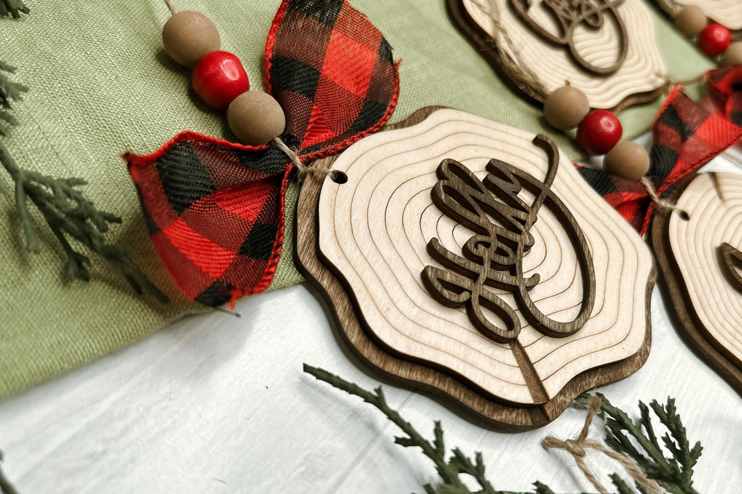 Laser Cut Faux Wood Slice Ornament Set SVG | Rustic Christmas Word Ornaments | DIY Holiday Decor Laser Files | Farmhouse Tree Ornament SVG