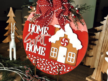 Home Sweet Home Gingerbread Laser Cut File | Christmas SVG | Layered Holiday Door Hanger | Peppermint Pattern | DIY Laser Design