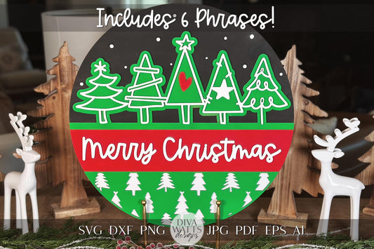 Christmas Tree Laser Cut File | Merry Christmas SVG | 6 Interchangeable Phrases | Layered Door Hanger | Holiday Laser Design
