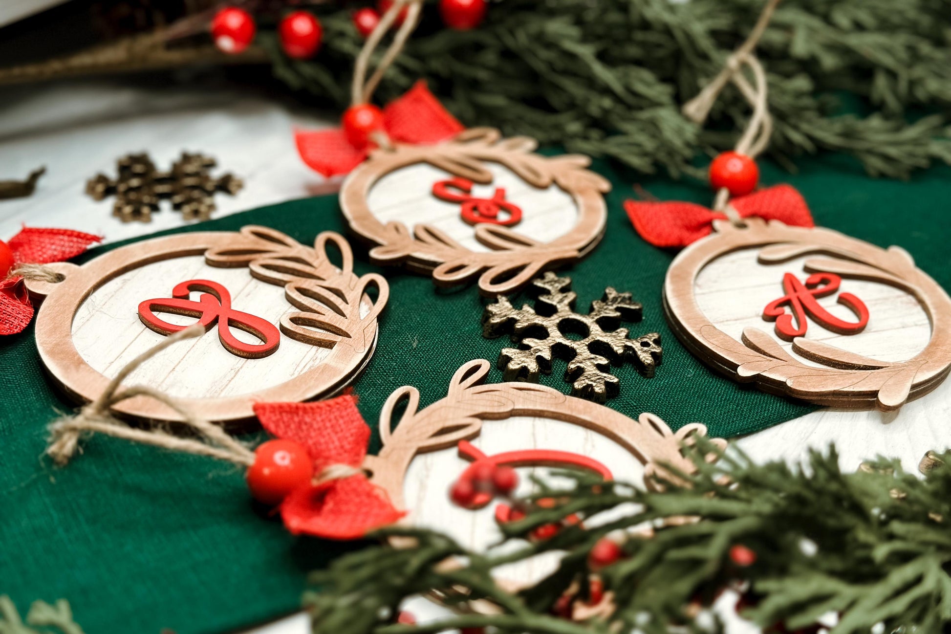Monogram Christmas Ornament Laser Cut File | 4 Ornament Designs | DIY Holiday Laser SVG | Hand Lettered Monogram | Shiplap Ornament SVG