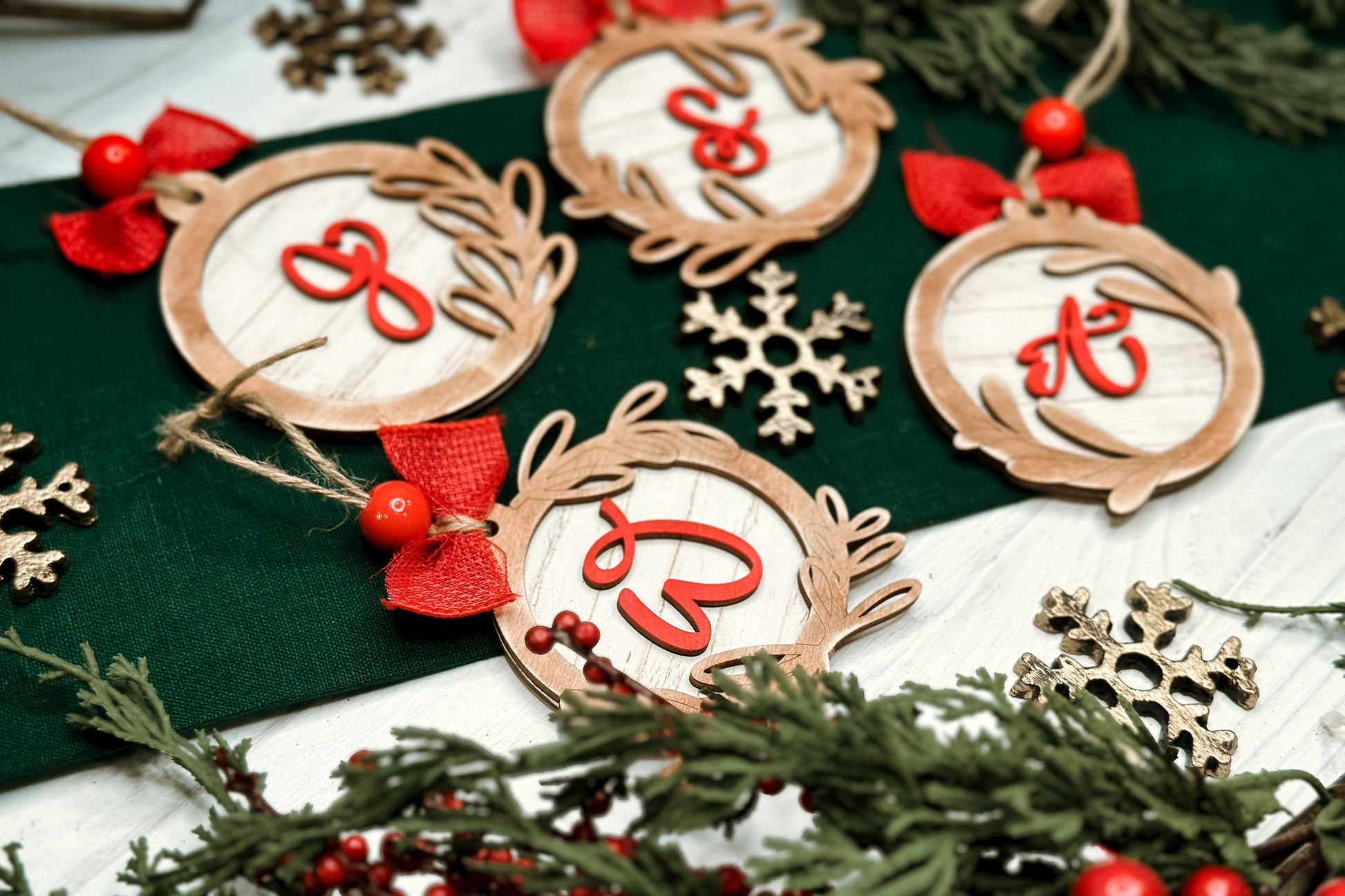Monogram Christmas Ornament Laser Cut File | 4 Ornament Designs | DIY Holiday Laser SVG | Hand Lettered Monogram | Shiplap Ornament SVG