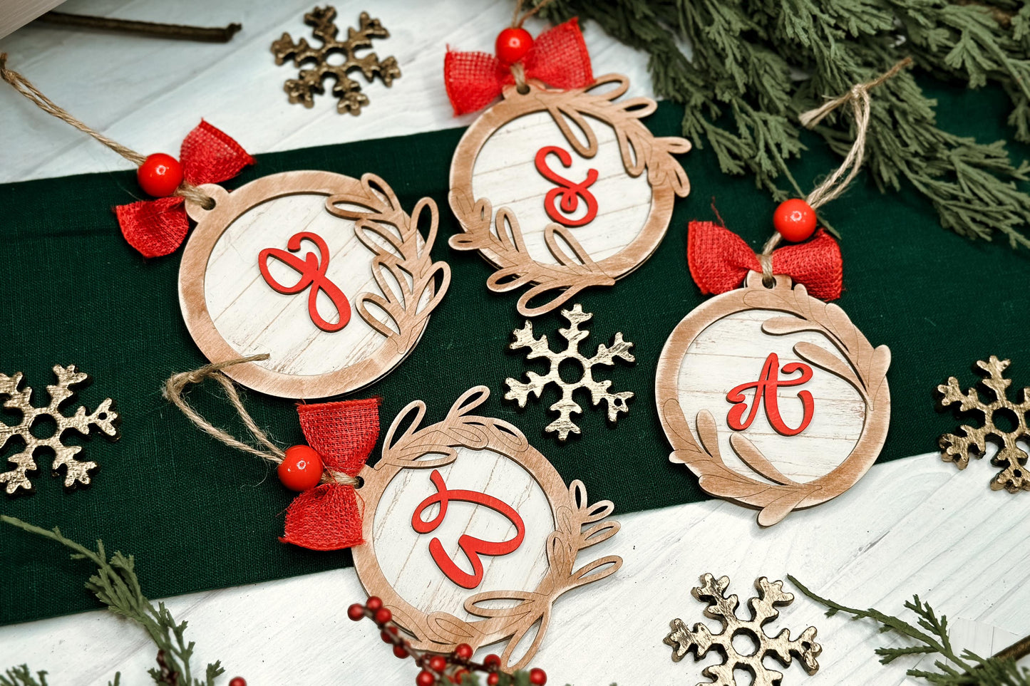 Monogram Christmas Ornament Laser Cut File | 4 Ornament Designs | DIY Holiday Laser SVG | Hand Lettered Monogram | Shiplap Ornament SVG