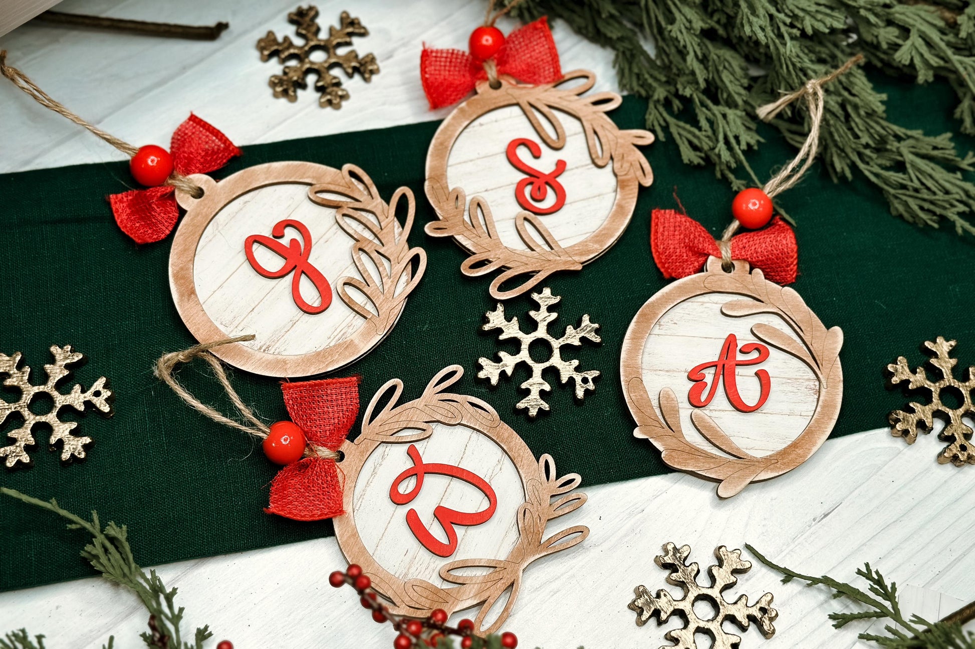 Monogram Christmas Ornament Laser Cut File | 4 Ornament Designs | DIY Holiday Laser SVG | Hand Lettered Monogram | Shiplap Ornament SVG