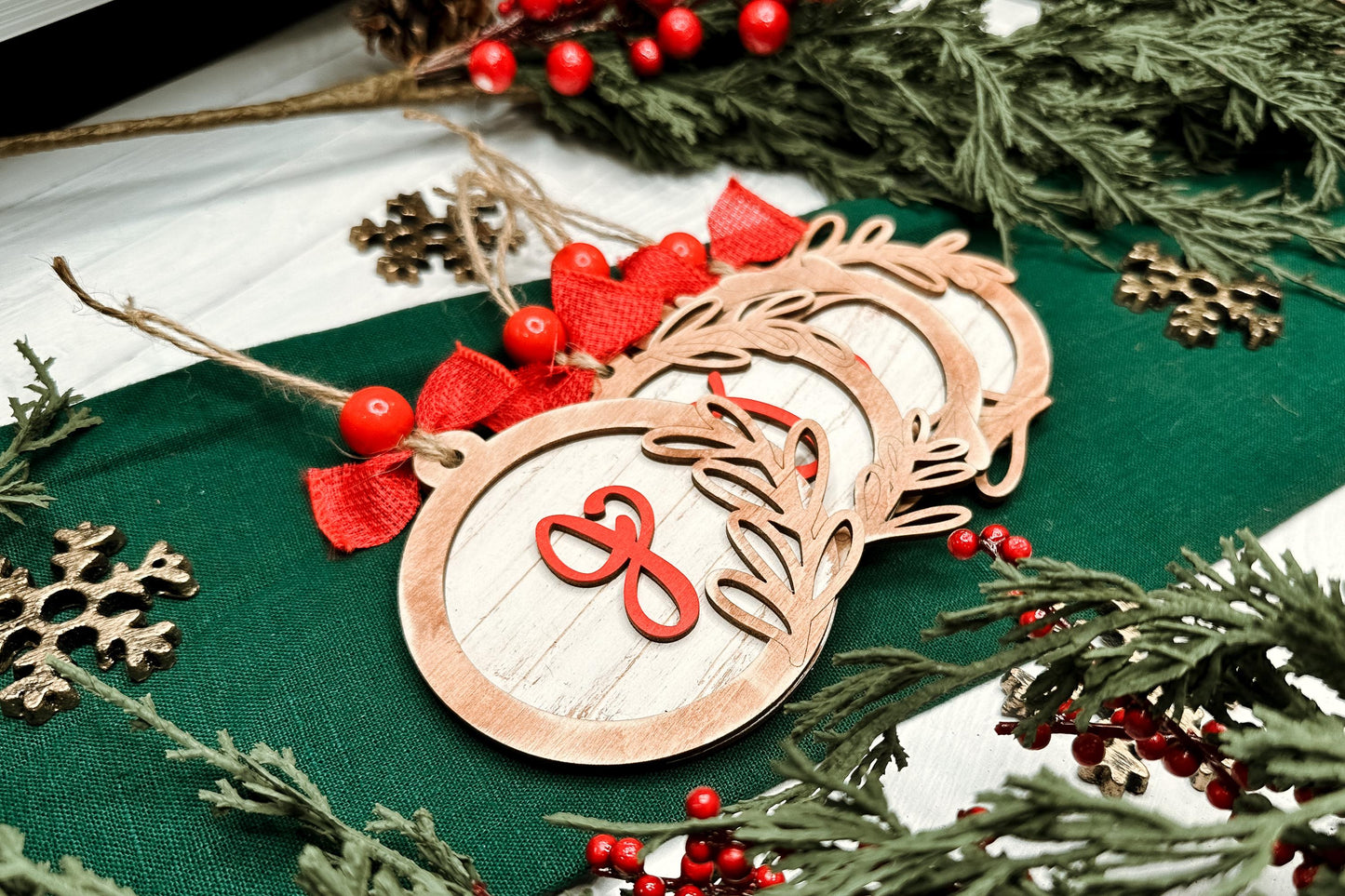Monogram Christmas Ornament Laser Cut File | 4 Ornament Designs | DIY Holiday Laser SVG | Hand Lettered Monogram | Shiplap Ornament SVG