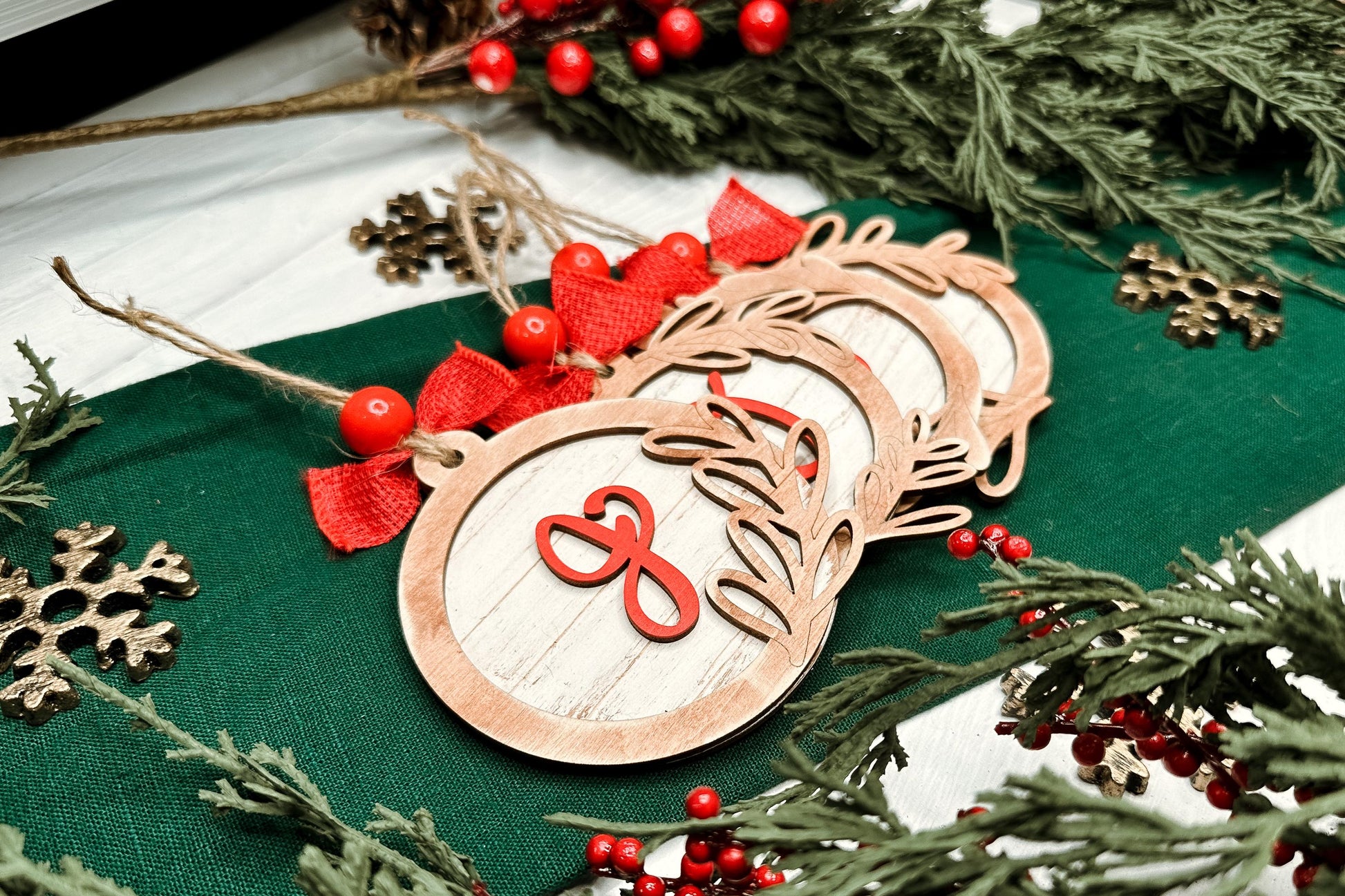 Monogram Christmas Ornament Laser Cut File | 4 Ornament Designs | DIY Holiday Laser SVG | Hand Lettered Monogram | Shiplap Ornament SVG