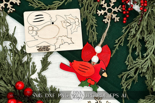 Pop-Out Cardinal Ornament SVG | Laser Cut Christmas Bird Template | DIY Holiday Keepsake | Ornament Bar Design | Ornament Bar Ornament