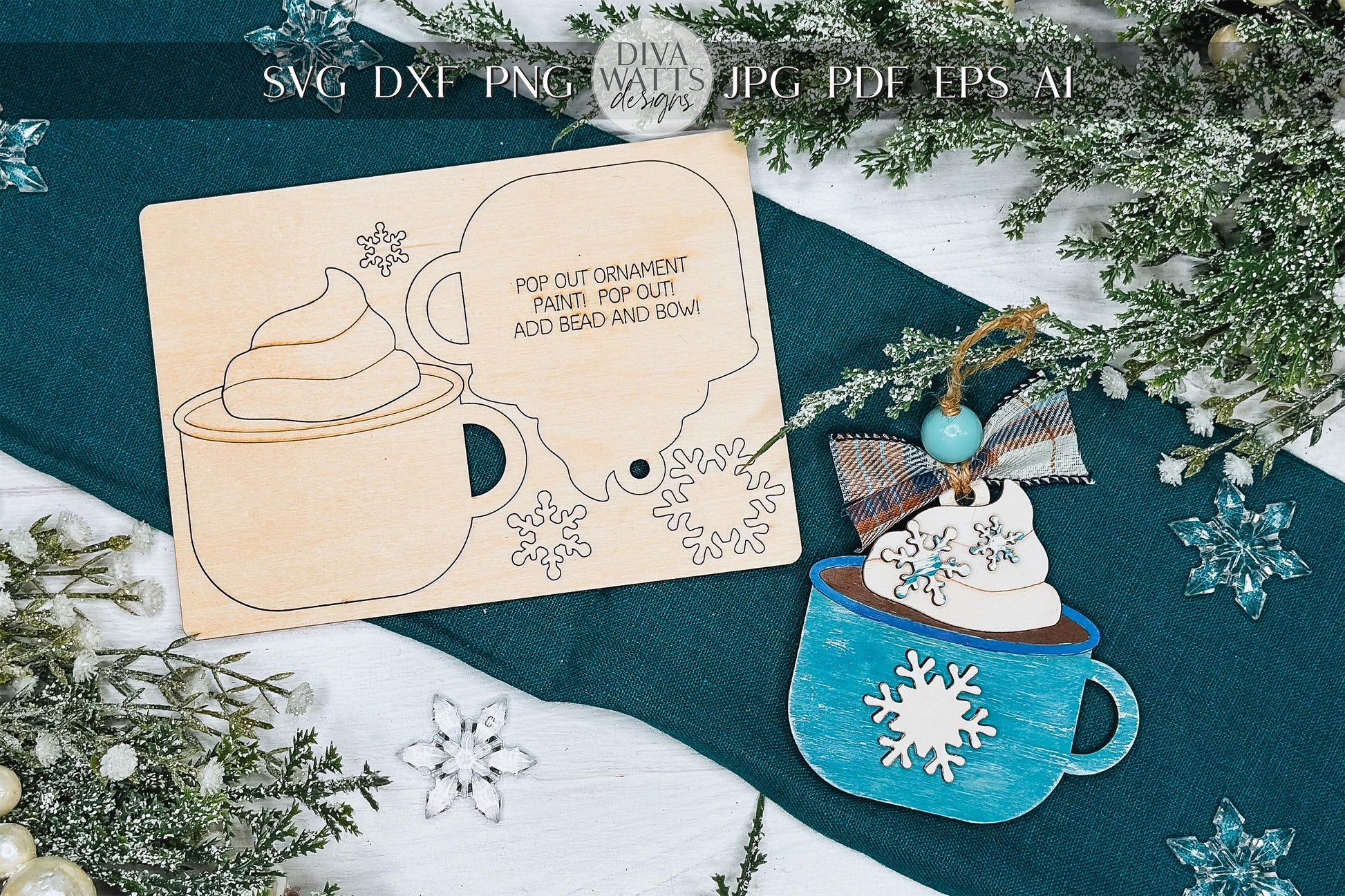 Hot Cocoa Ornament SVG | Pop-Out Mug Laser Template | DIY Christmas Keepsake Design | DIY Laser File | Ornament Bar Laser File