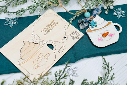 Snowman Cocoa Mug Ornament SVG | Pop-Out Laser Template | DIY Christmas Keepsake | DIY Laser File | Ornament Bar Laser File