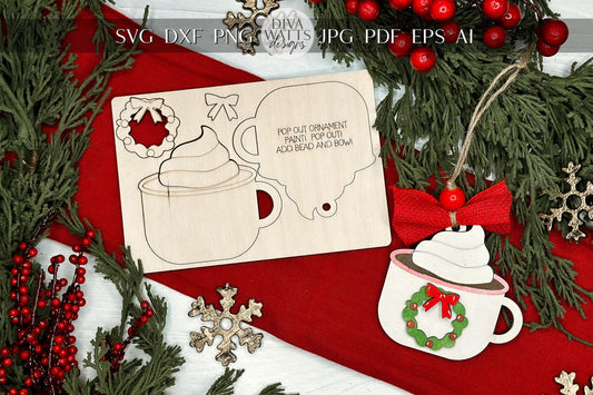 Hot Cocoa Wreath Ornament SVG | Pop-Out Laser Template | DIY Christmas Keepsake Design | DIY Laser File | Ornament Bar Laser File