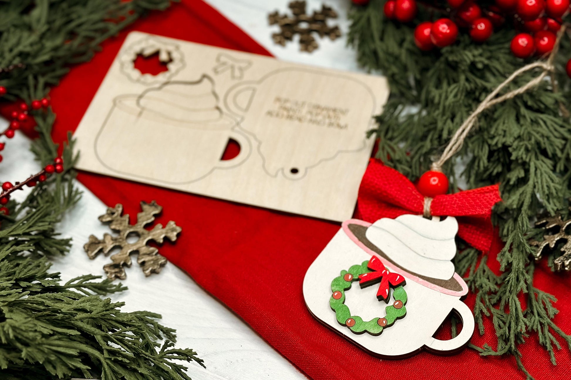 Hot Cocoa Wreath Ornament SVG | Pop-Out Laser Template | DIY Christmas Keepsake Design | DIY Laser File | Ornament Bar Laser File