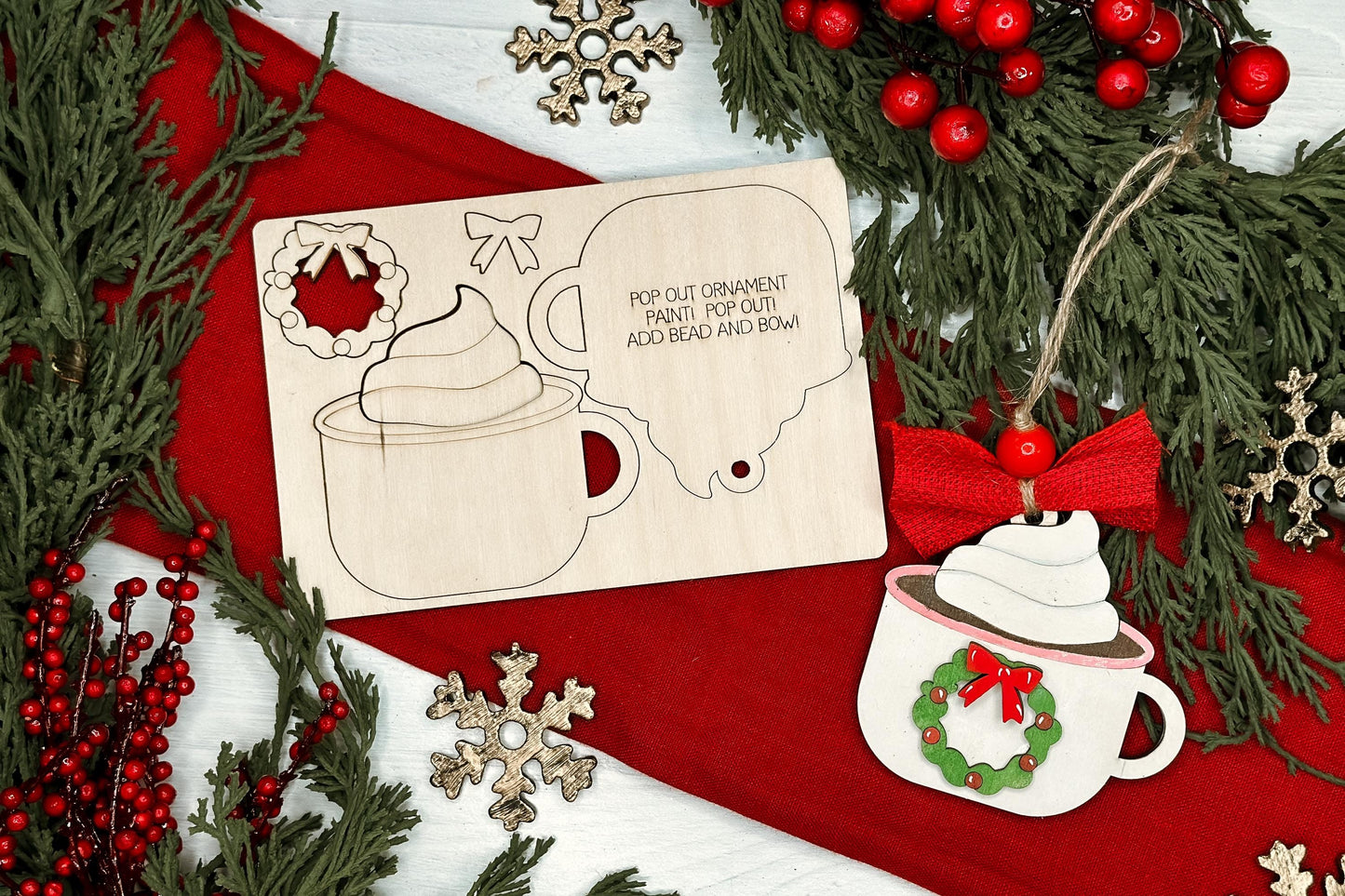 Hot Cocoa Wreath Ornament SVG | Pop-Out Laser Template | DIY Christmas Keepsake Design | DIY Laser File | Ornament Bar Laser File