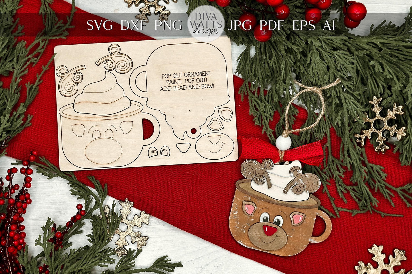 Snowman Cocoa Mug Ornament SVG | Pop-Out Laser Template | DIY Christmas Keepsake | DIY Laser File | Ornament Bar Laser File